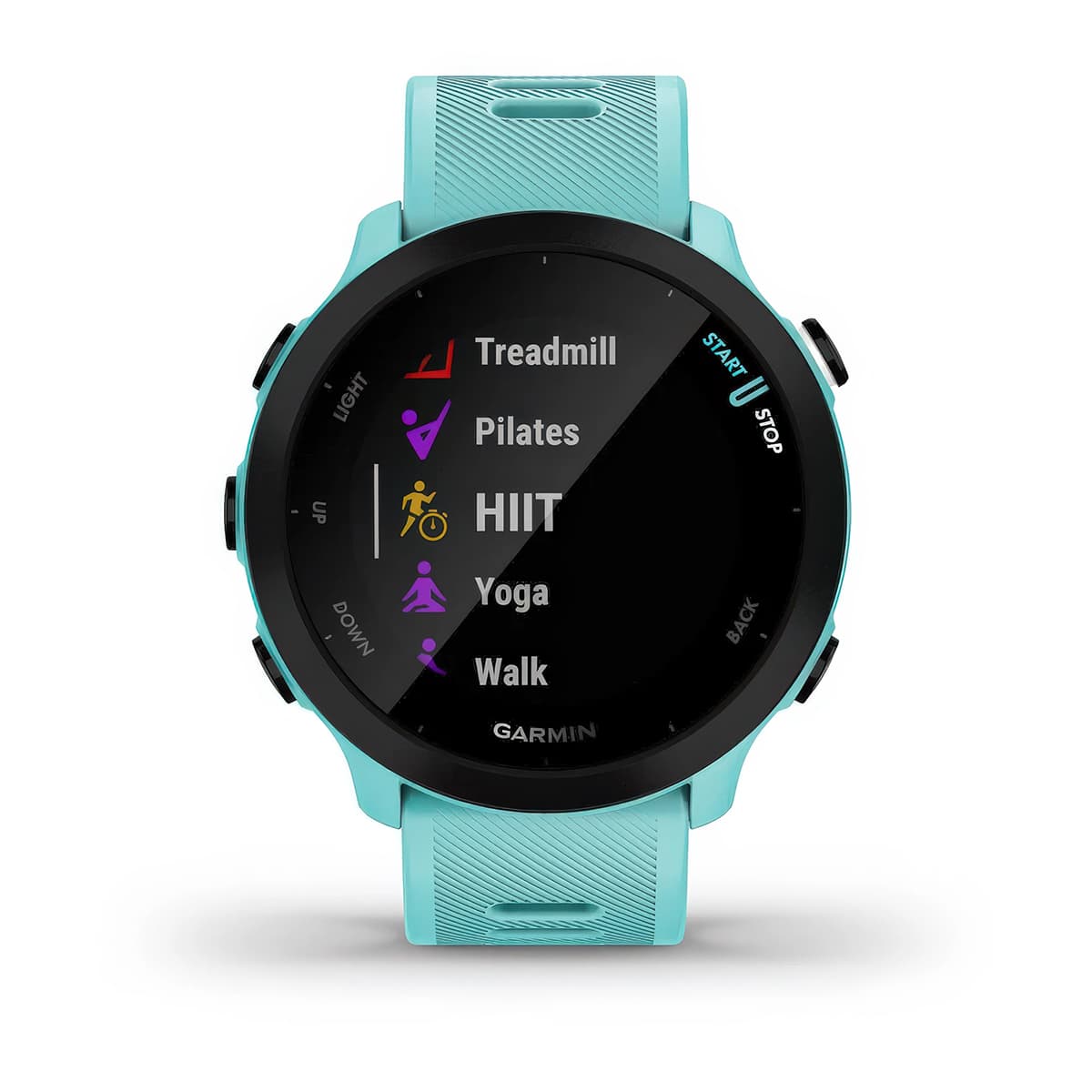 Front product shot of the Garmin Forerunner 55 showing Built-In Sports Apps feature in Aqua