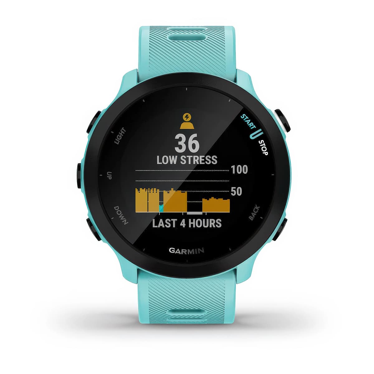 Front product shot of the Garmin Forerunner 55 showing Stress Tracking feature in Aqua