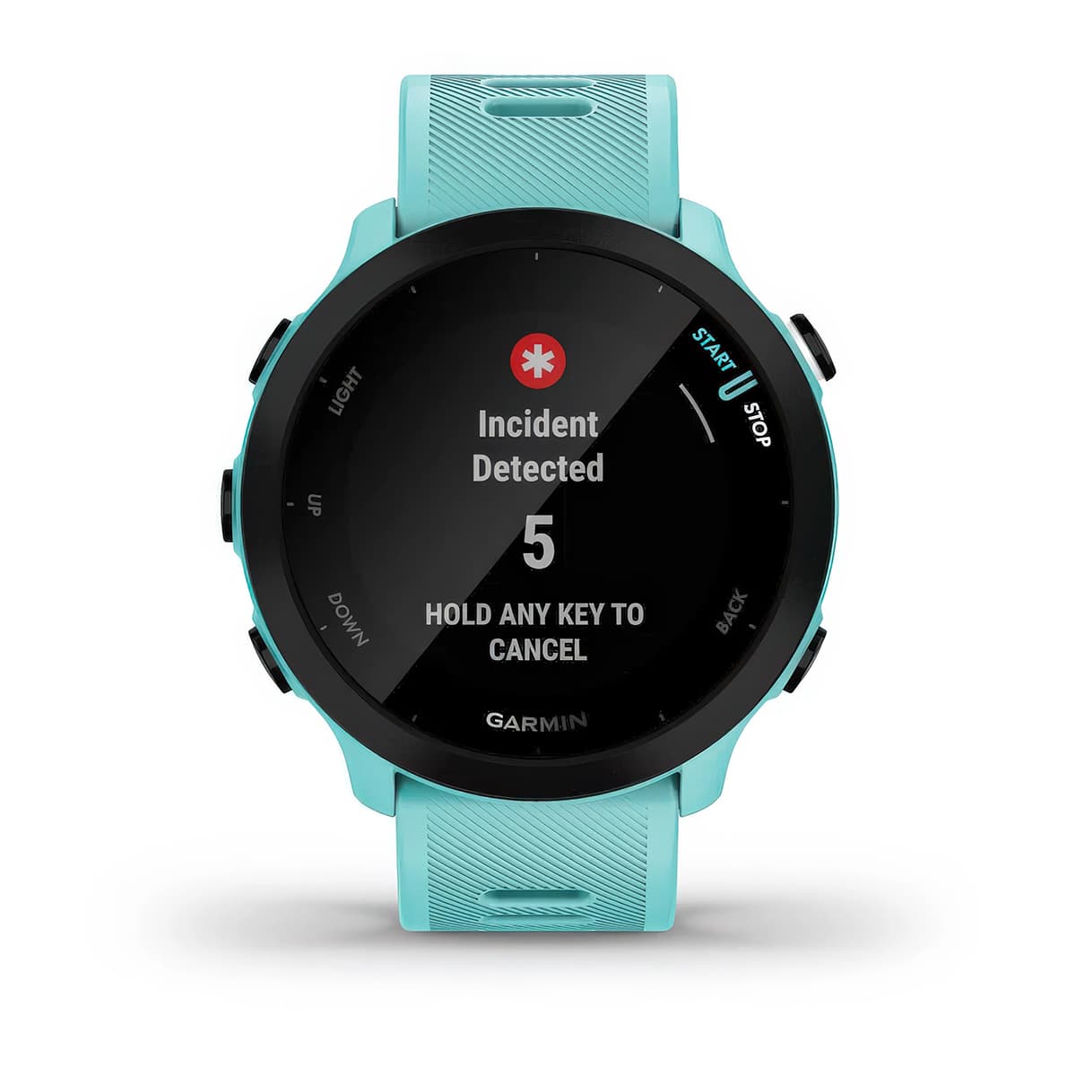 Front product shot of the Garmin Forerunner 55 showing Safety and Tracking feature in Aqua