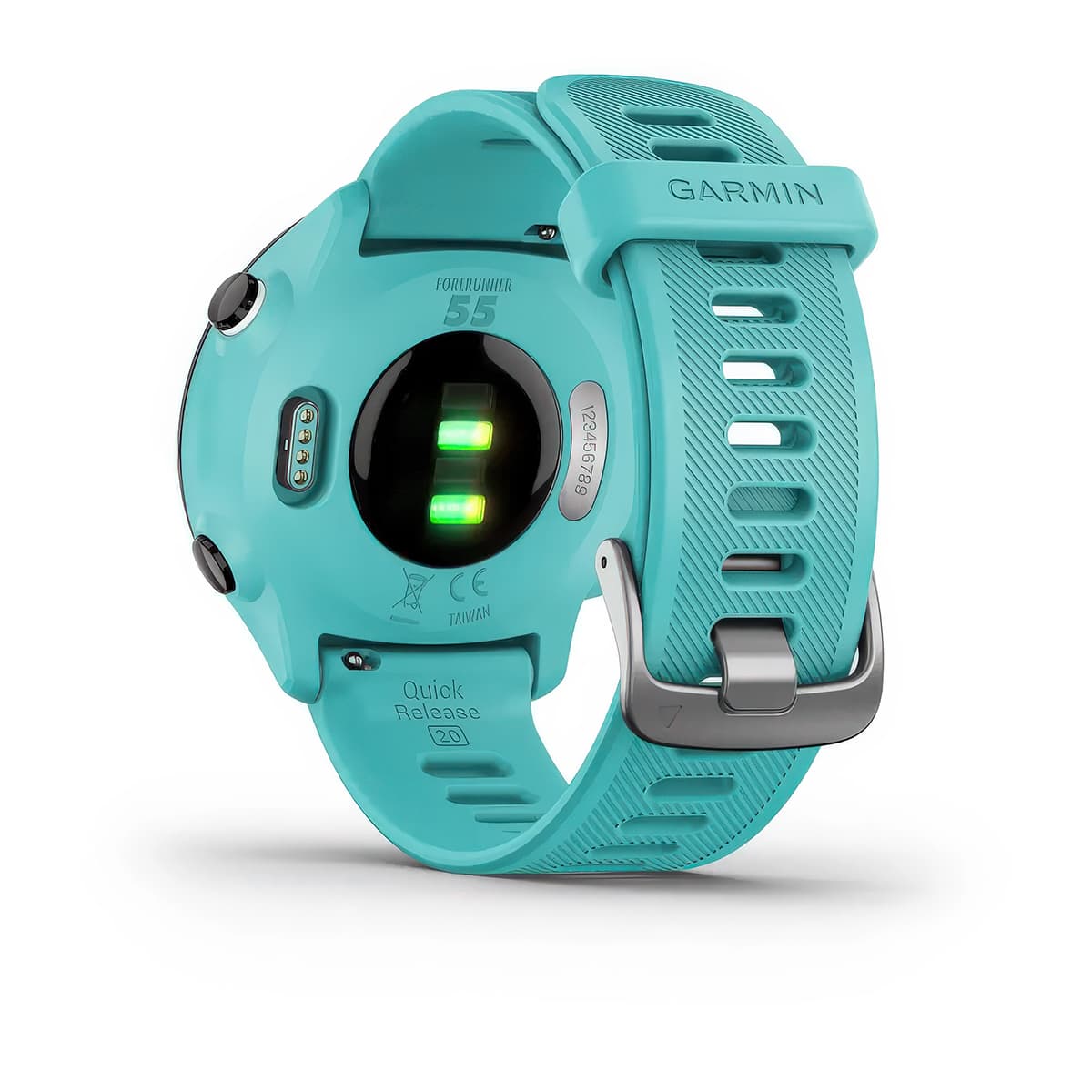 Rear product shot of the Garmin Forerunner 55 showing back sensor in Aqua