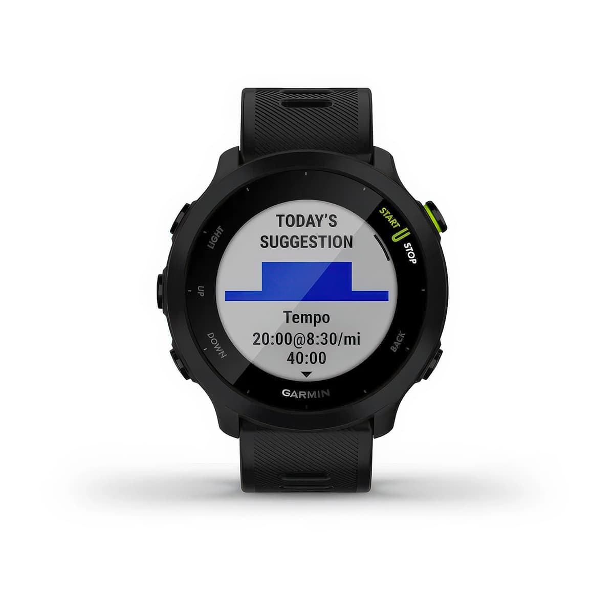 Front product shot of the Garmin Forerunner 55 showing Daily Suggested Workouts feature in Black