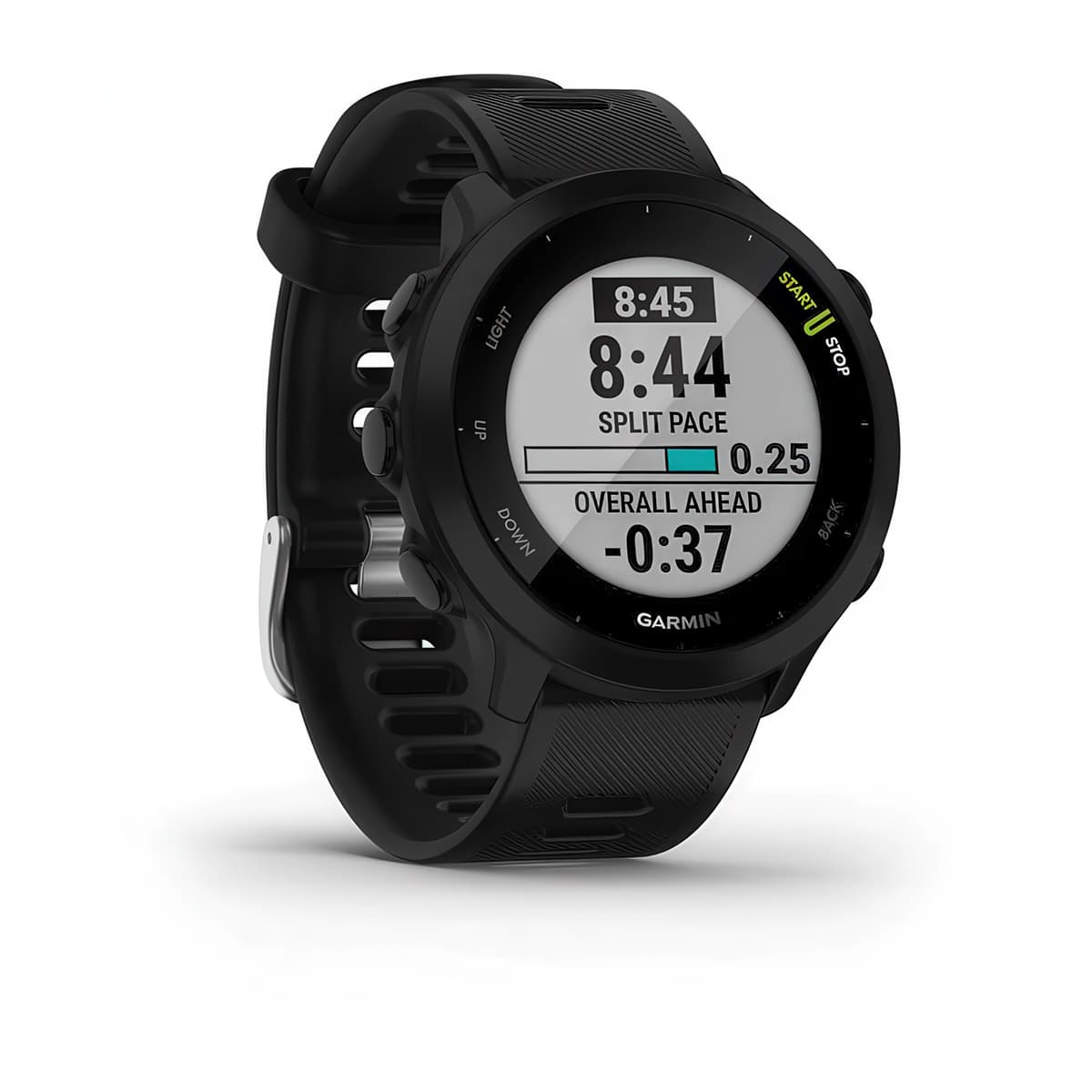 Front-right product shot of the Garmin Forerunner 55 showing PacePro™ feature in Black