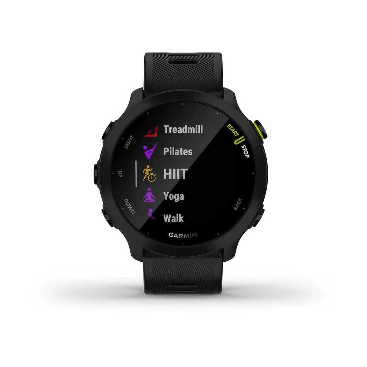 Front product shot of the Garmin Forerunner 55 showing Built-In Sports Apps feature in Black