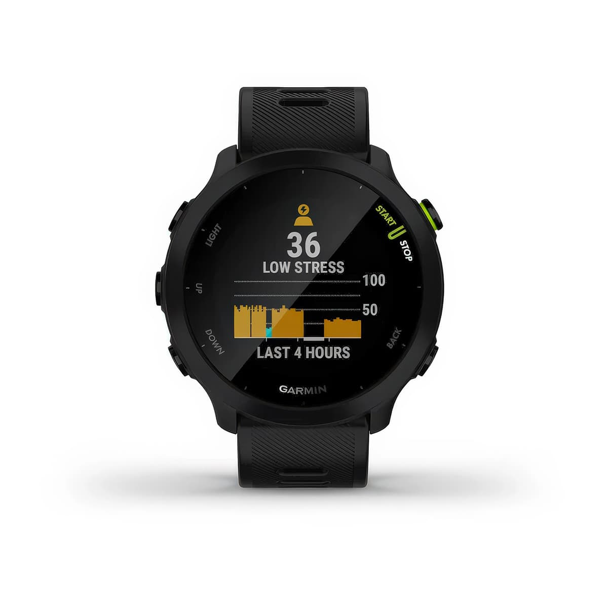 Front product shot of the Garmin Forerunner 55 showing Stress Tracking feature in Black