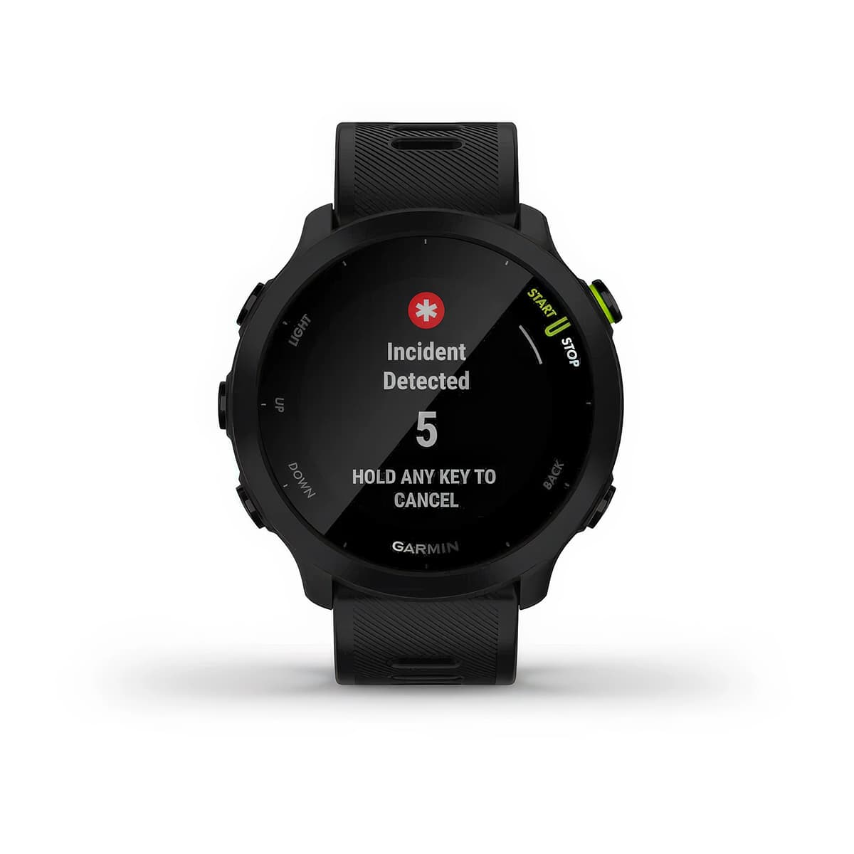 Front product shot of the Garmin Forerunner 55 showing Safety and Tracking feature in Black