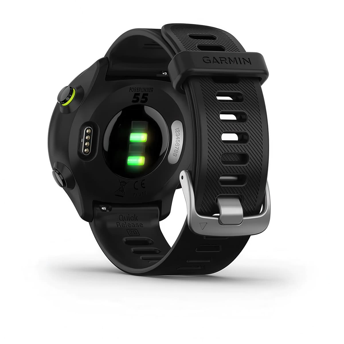 Rear product shot of the Garmin Forerunner 55 showing back sensor in Black
