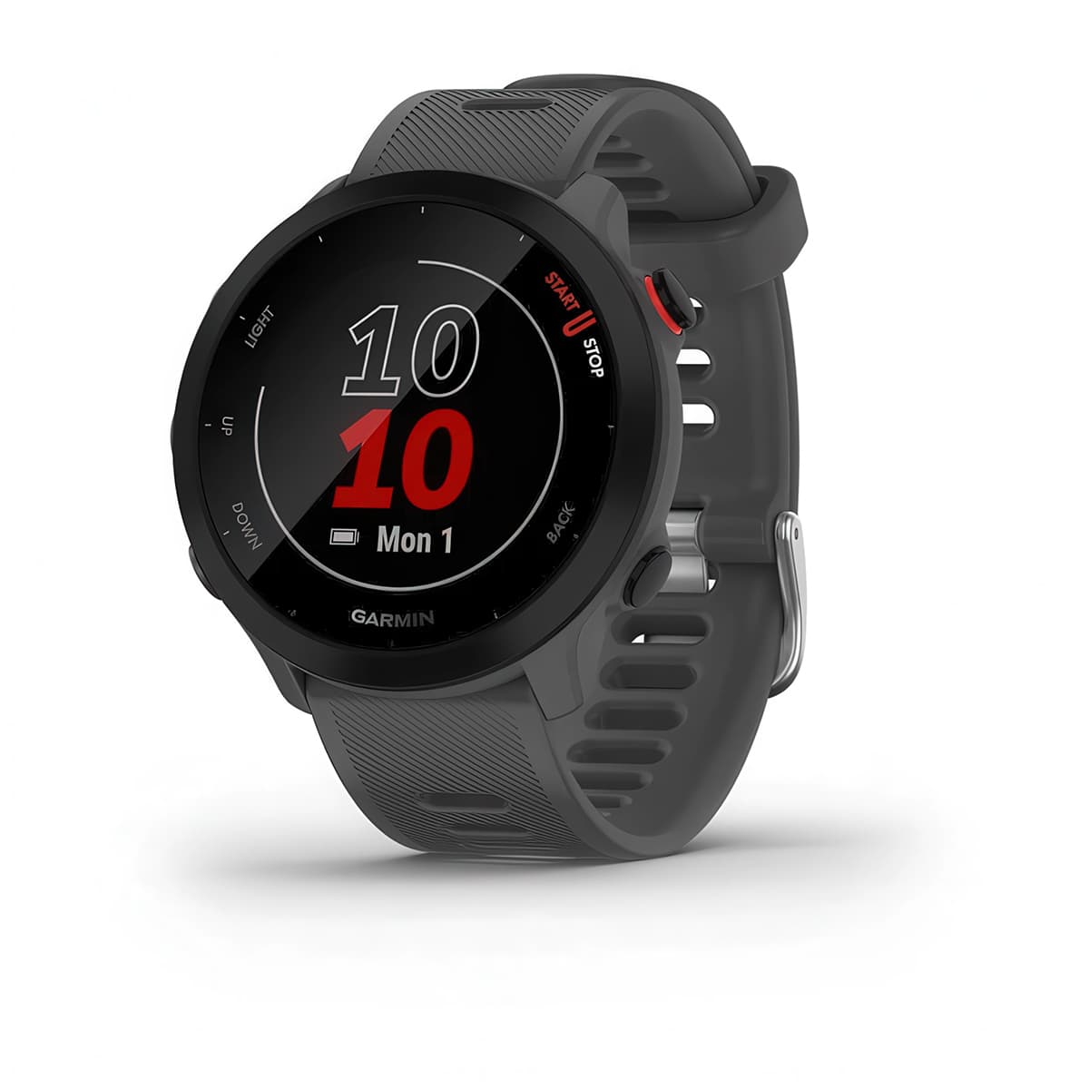 Front product shot of the Garmin Forerunner 55 in Monterra Grey