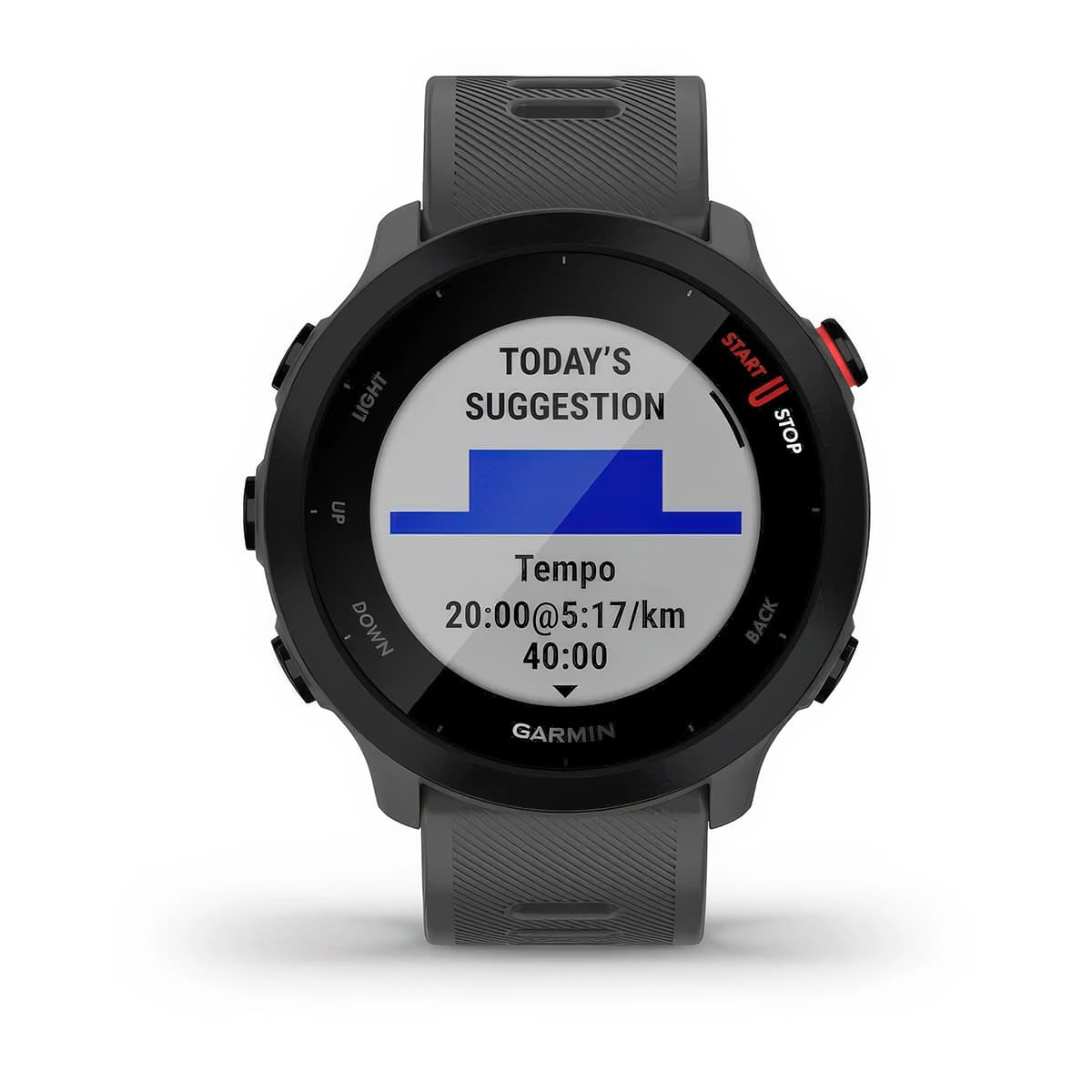 Front product shot of the Garmin Forerunner 55 showing Daily Suggested Workouts feature in Monterra Grey