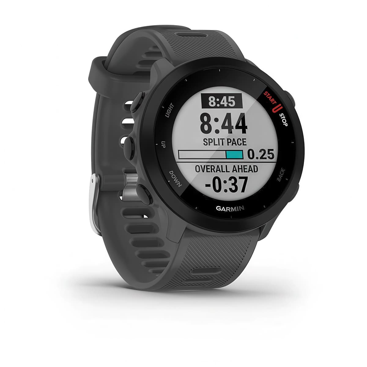 Front-right product shot of the Garmin Forerunner 55 showing PacePro™ feature in Monterra Grey