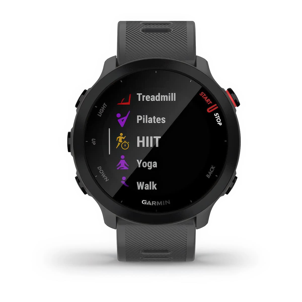 Front product shot of the Garmin Forerunner 55 showing Built-In Sports Apps feature in Monterra Grey