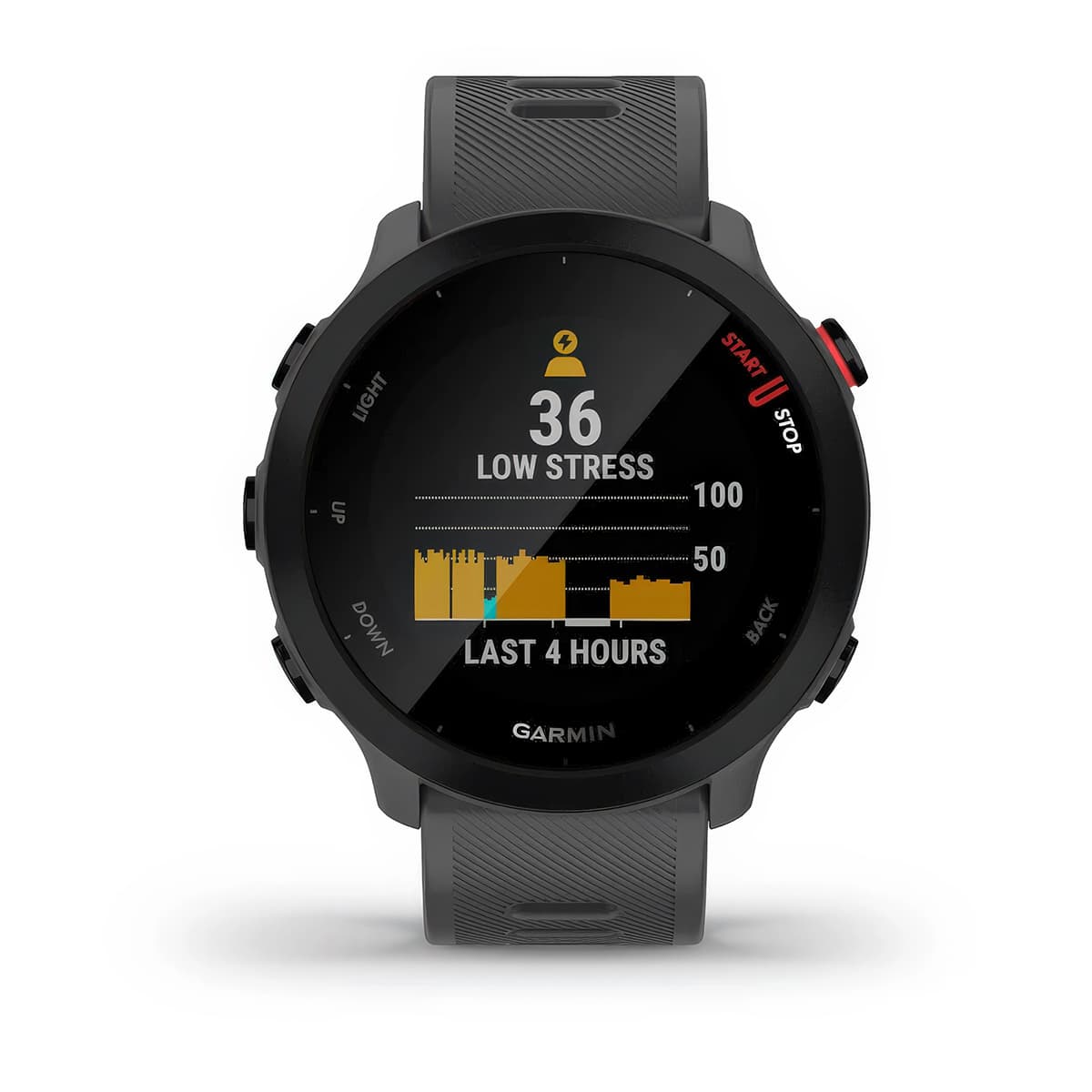 Front product shot of the Garmin Forerunner 55 showing Stress Tracking feature in Monterra Grey