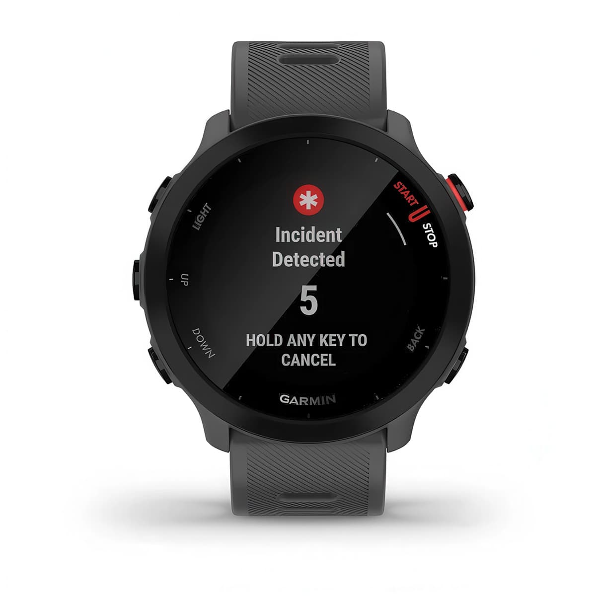 Front product shot of the Garmin Forerunner 55 showing Safety and Tracking feature in Monterra Grey