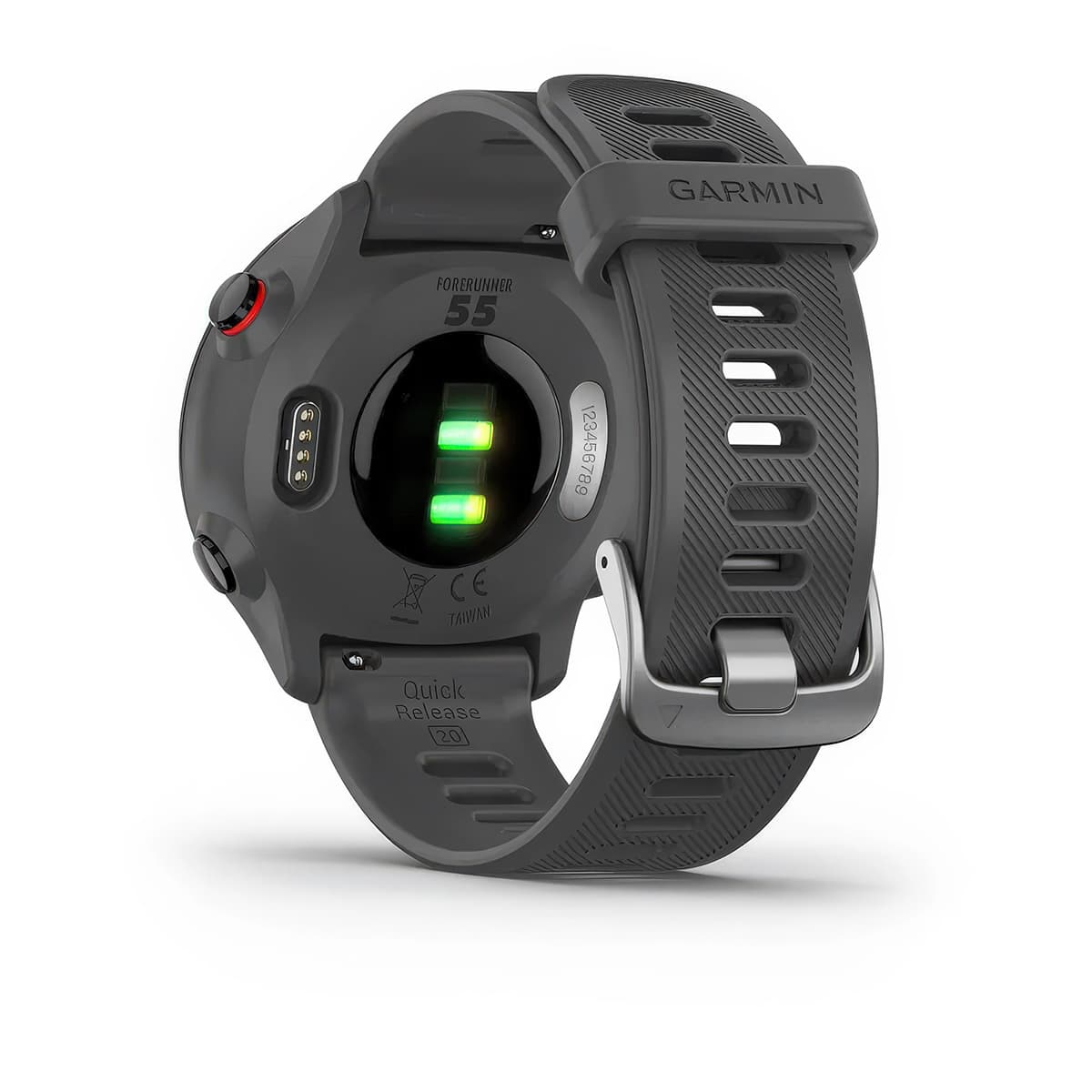 Rear product shot of the Garmin Forerunner 55 showing back sensor in Monterra Grey