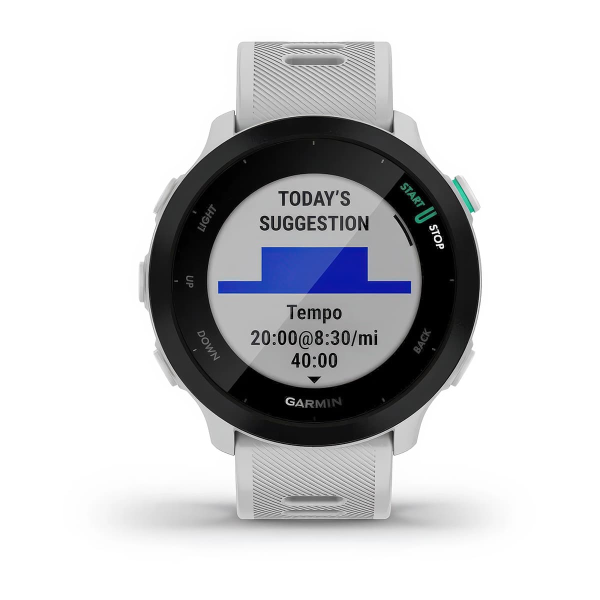 Front product shot of the Garmin Forerunner 55 showing Daily Suggested Workouts feature in White