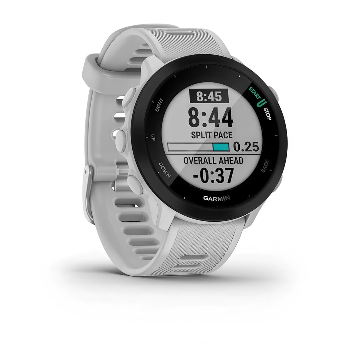 Front-right product shot of the Garmin Forerunner 55 showing PacePro™ feature in White