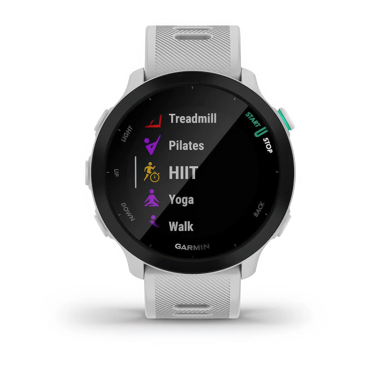 Front product shot of the Garmin Forerunner 55 showing Built-In Sports Apps feature in White