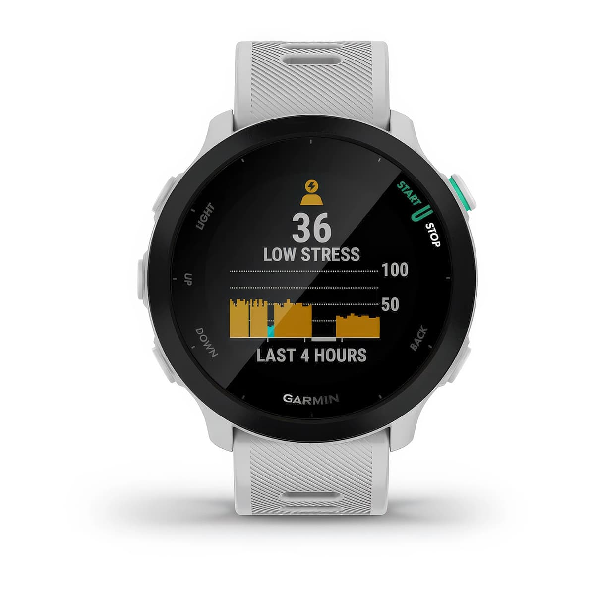 Front product shot of the Garmin Forerunner 55 showing Stress Tracking feature in White