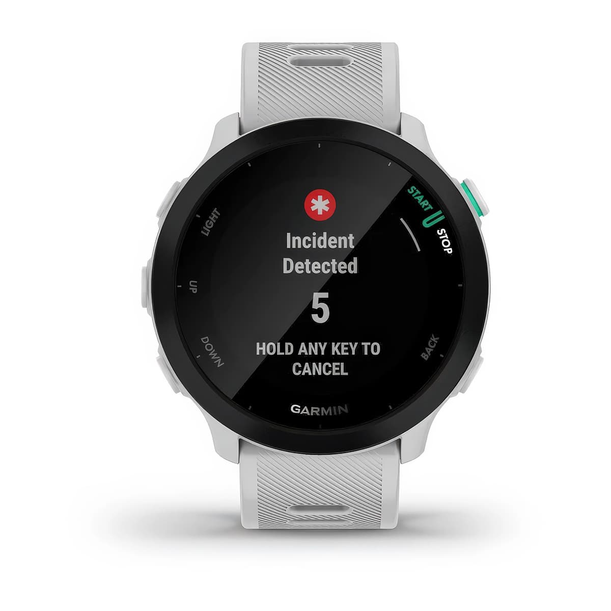 Front product shot of the Garmin Forerunner 55 showing Safety and Tracking feature in White