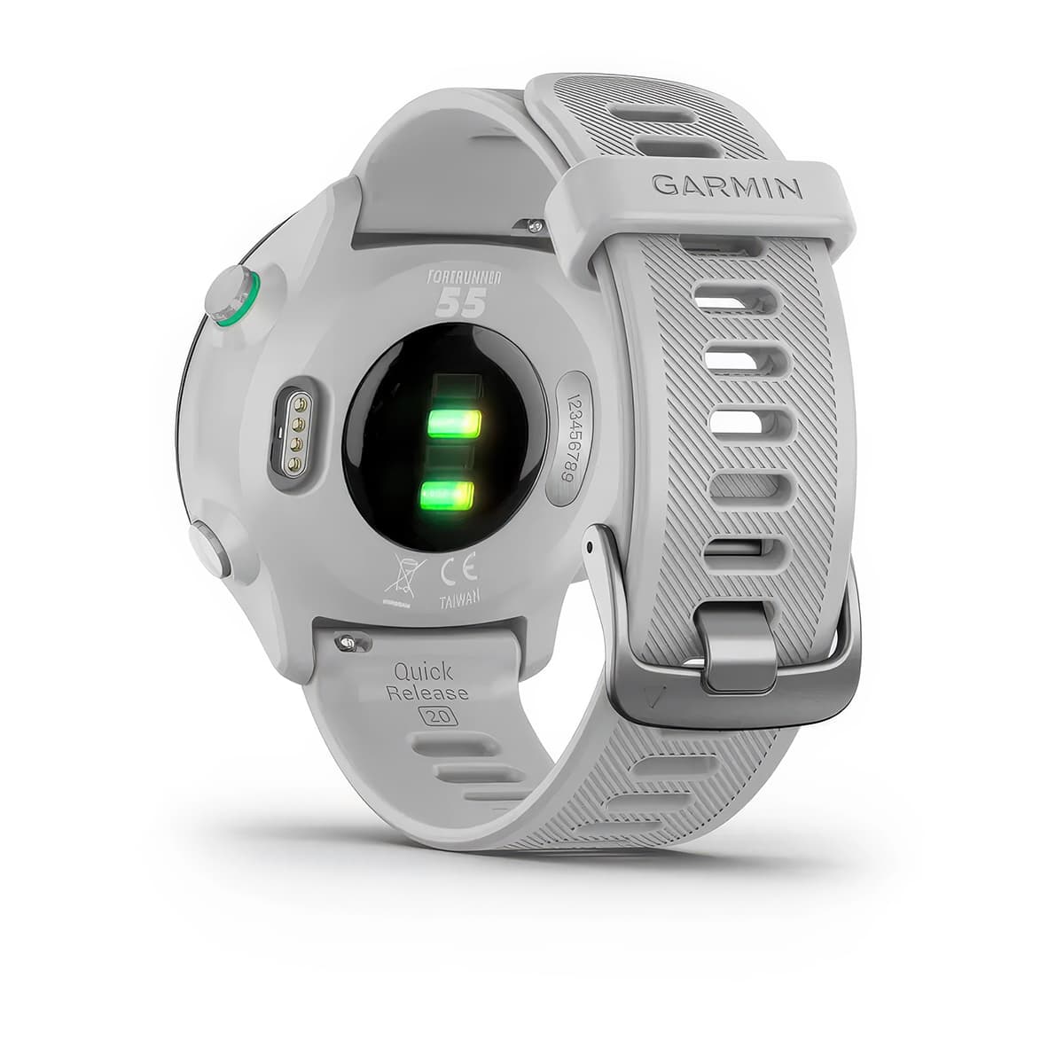 Rear product shot of the Garmin Forerunner 55 showing back sensor in White
