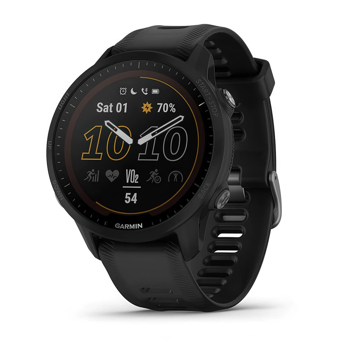 Front-left product shot of the Garmin Forerunner 955 Solar showing Glances feature in Black