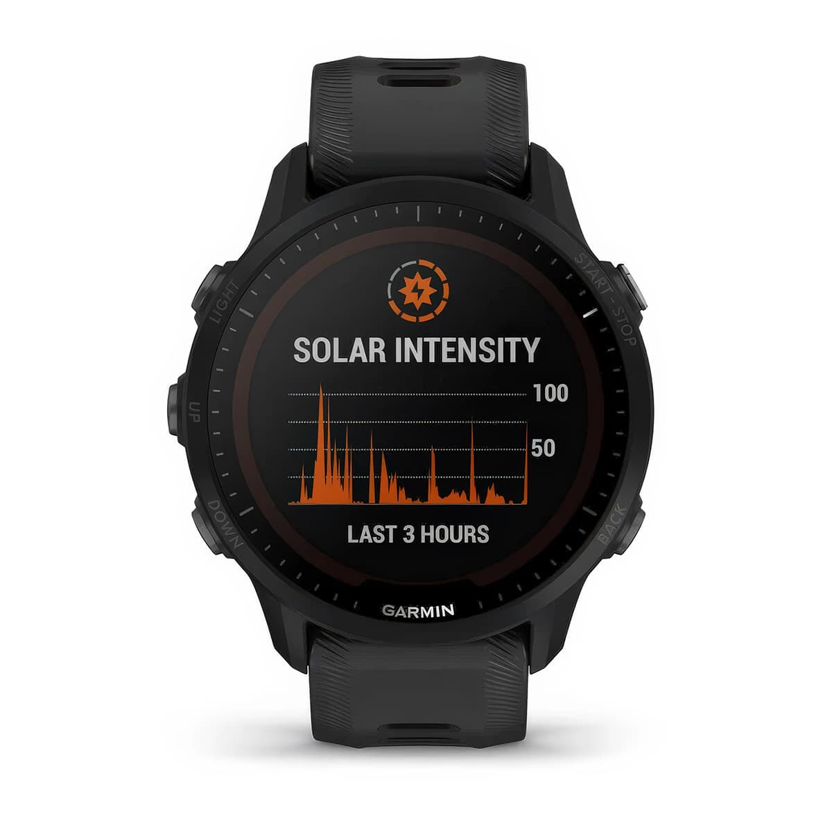 Front product shot of the Garmin Forerunner 955 Solar showing Solar Intensity feature in Black