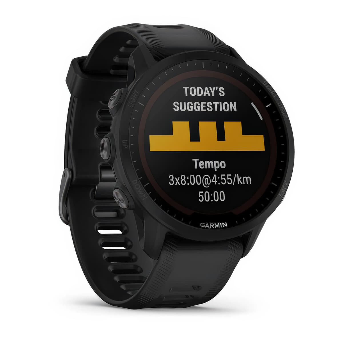 Front product shot of the Garmin Forerunner 955 Solar showing Daily Suggested Workouts feature in Black