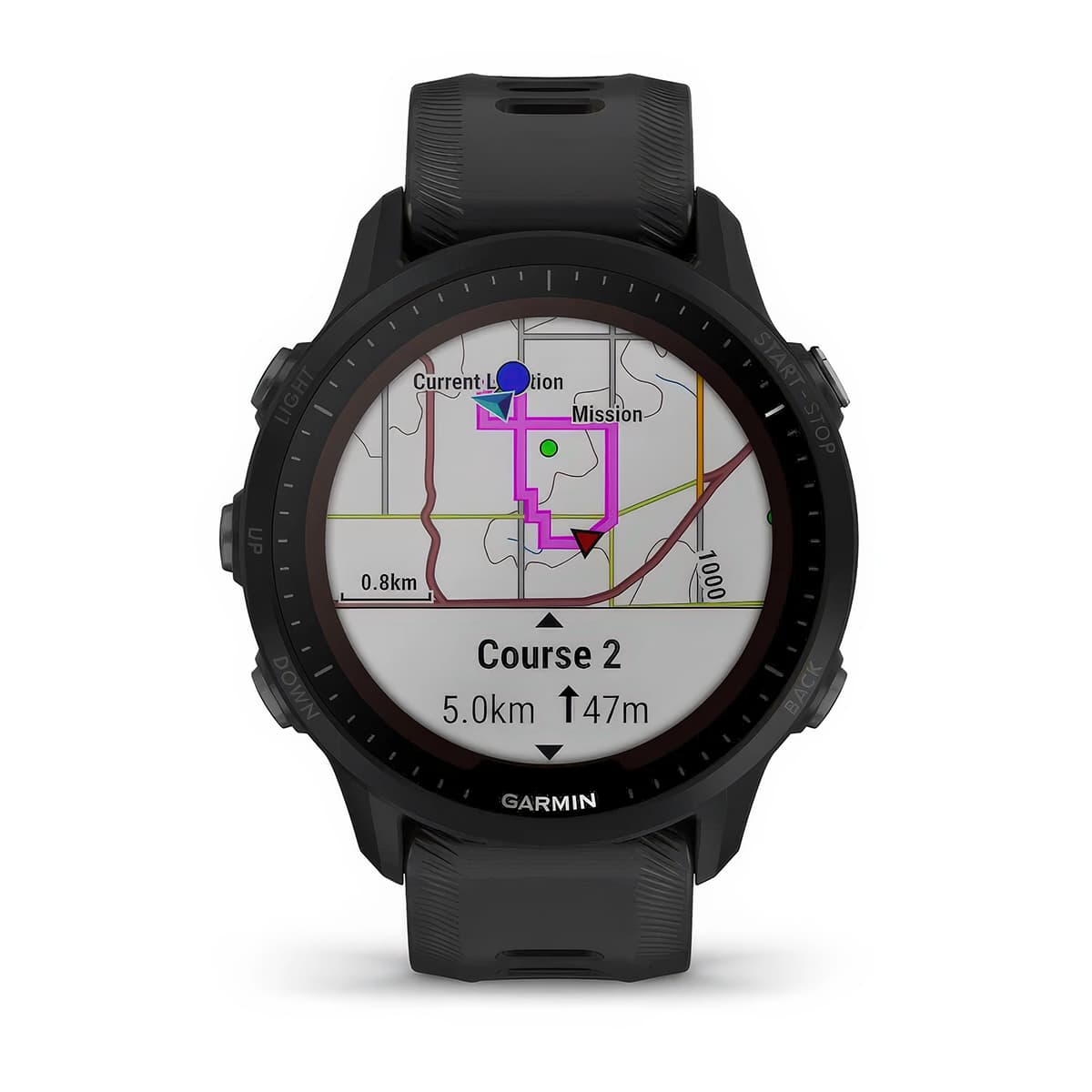 Front product shot of the Garmin Forerunner 955 Solar showing Turn-by-Turn Navigation feature in Black