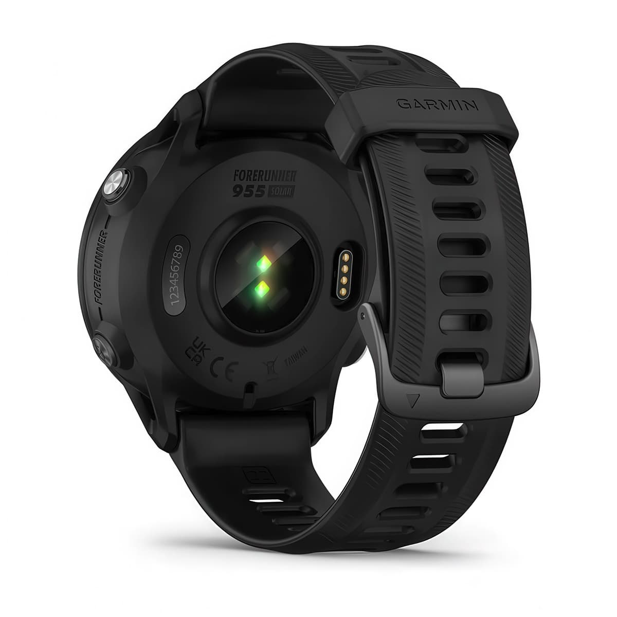 Rear product shot of the Garmin Forerunner 955 Solar showing back sensor in Black