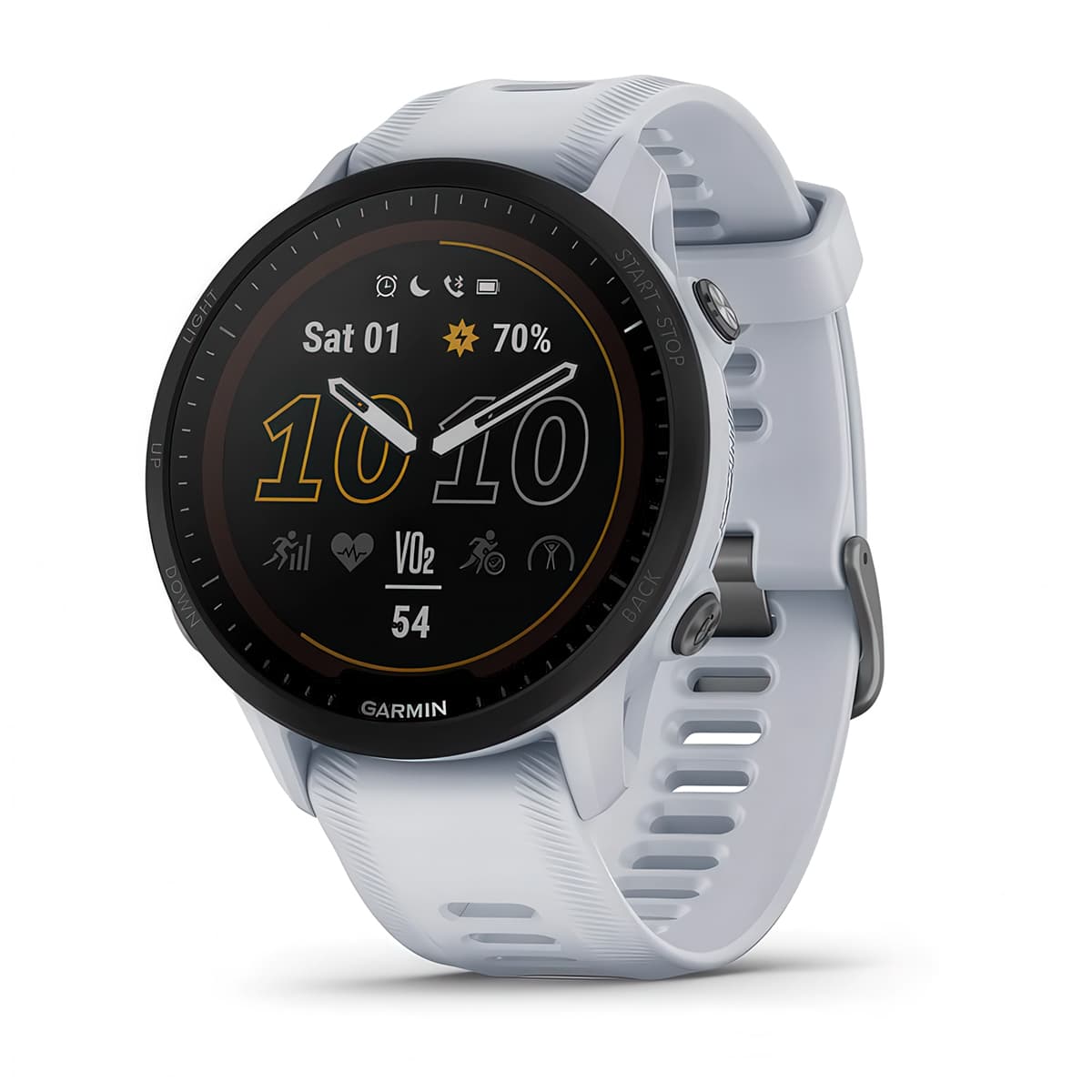 Front-left product shot of the Garmin Forerunner 955 Solar showing Glances feature in Whitestone
