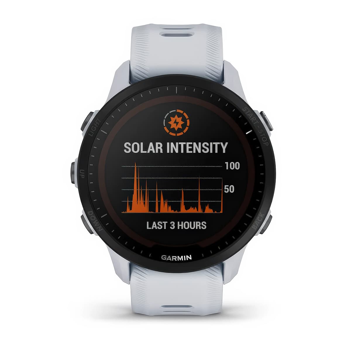 Front product shot of the Garmin Forerunner 955 Solar showing Solar Intensity feature in Whitestone