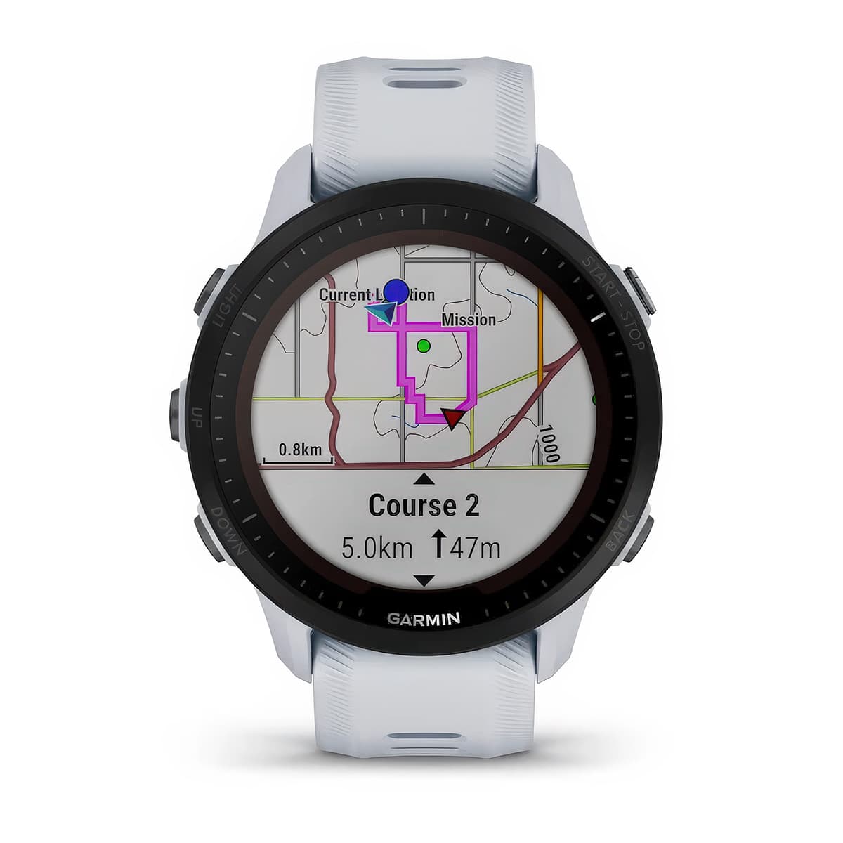 Front product shot of the Garmin Forerunner 955 Solar showing Turn-by-Turn Navigation feature in Whitestone
