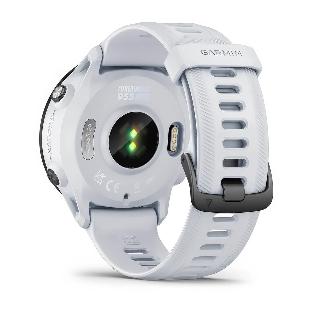 Rear product shot of the Garmin Forerunner 955 Solar showing back sensor in Whitestone