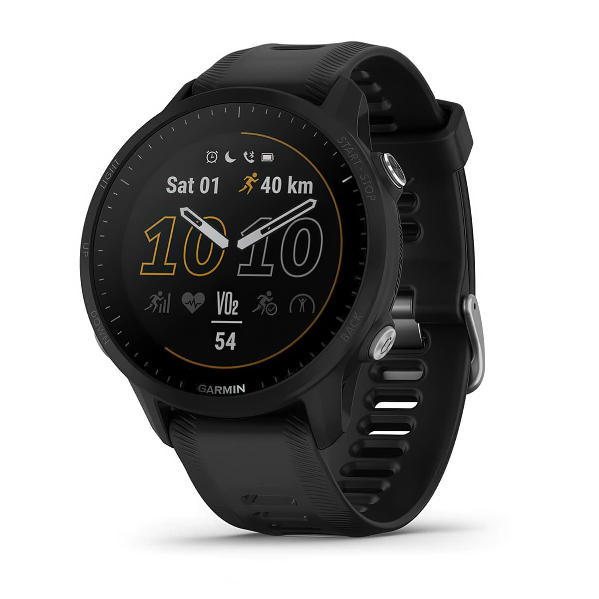 Front-left product shot of the Garmin Forerunner 955 showing Glances feature in Black
