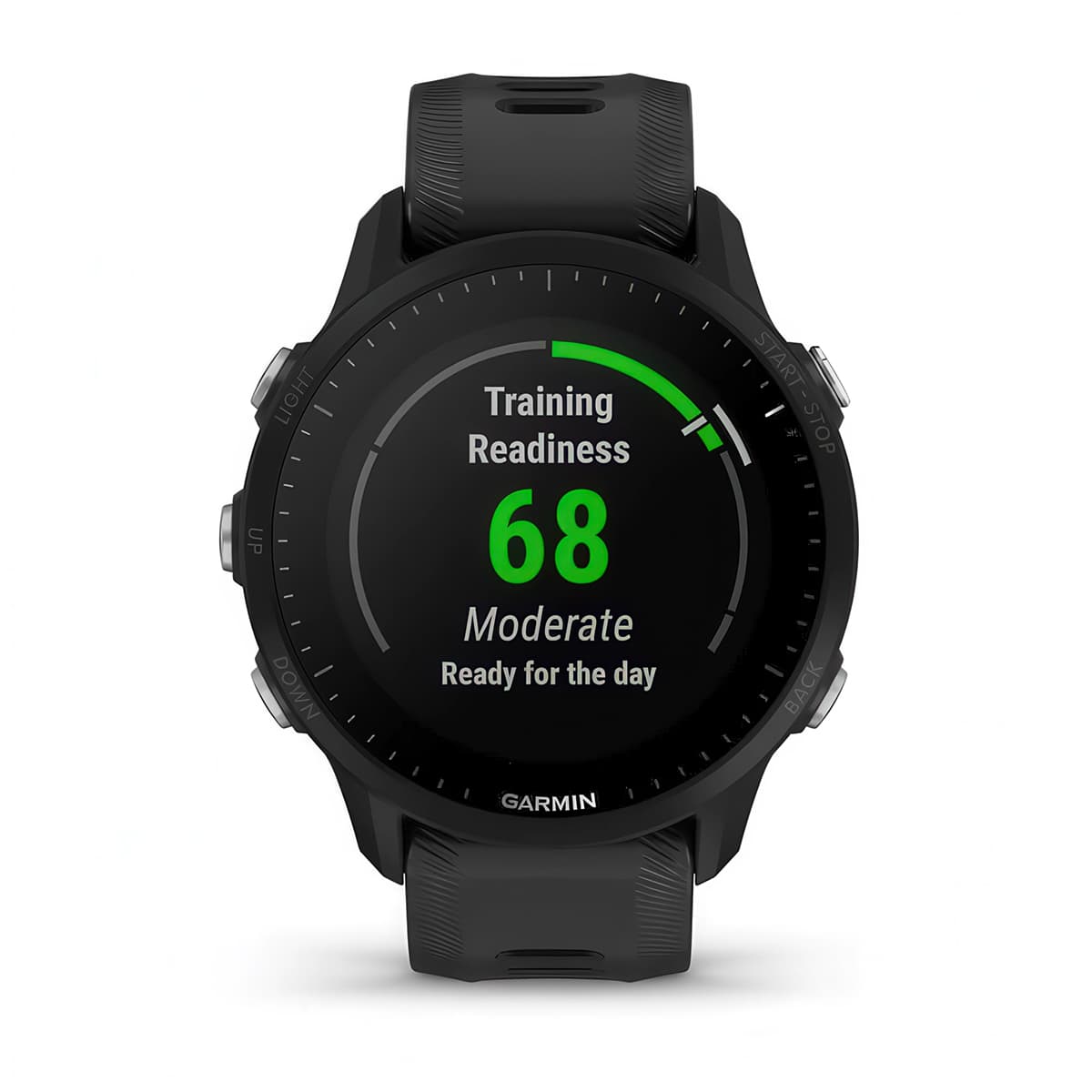 Front product shot of the Garmin Forerunner 955 showing Training Readiness feature in Black
