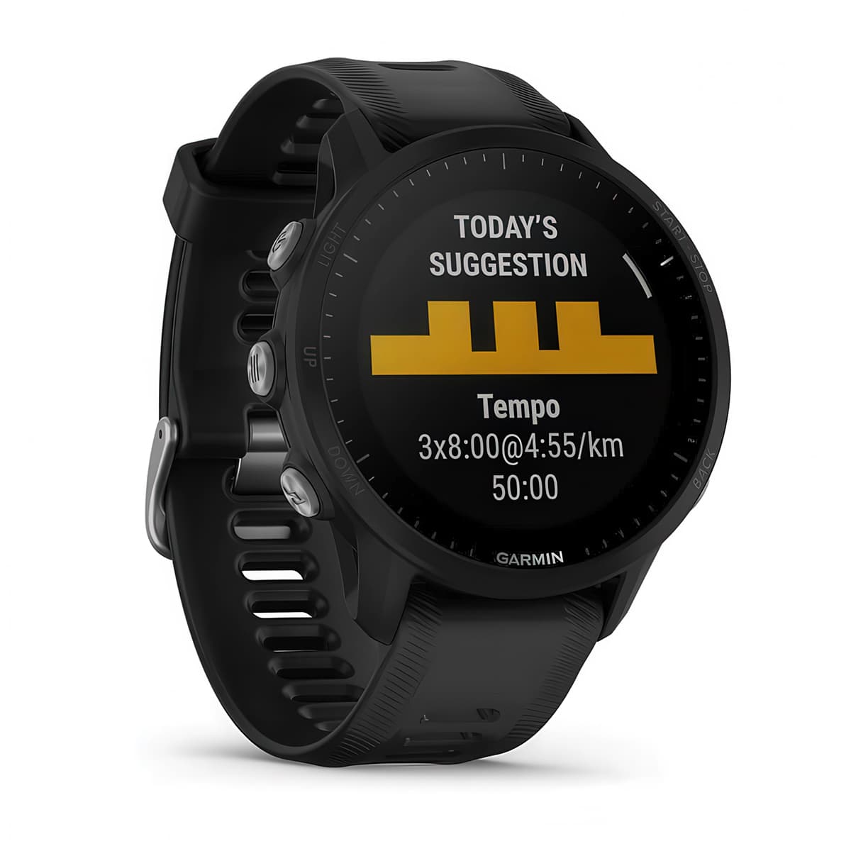 Front product shot of the Garmin Forerunner 955 showing Daily Suggested Workouts feature in Black