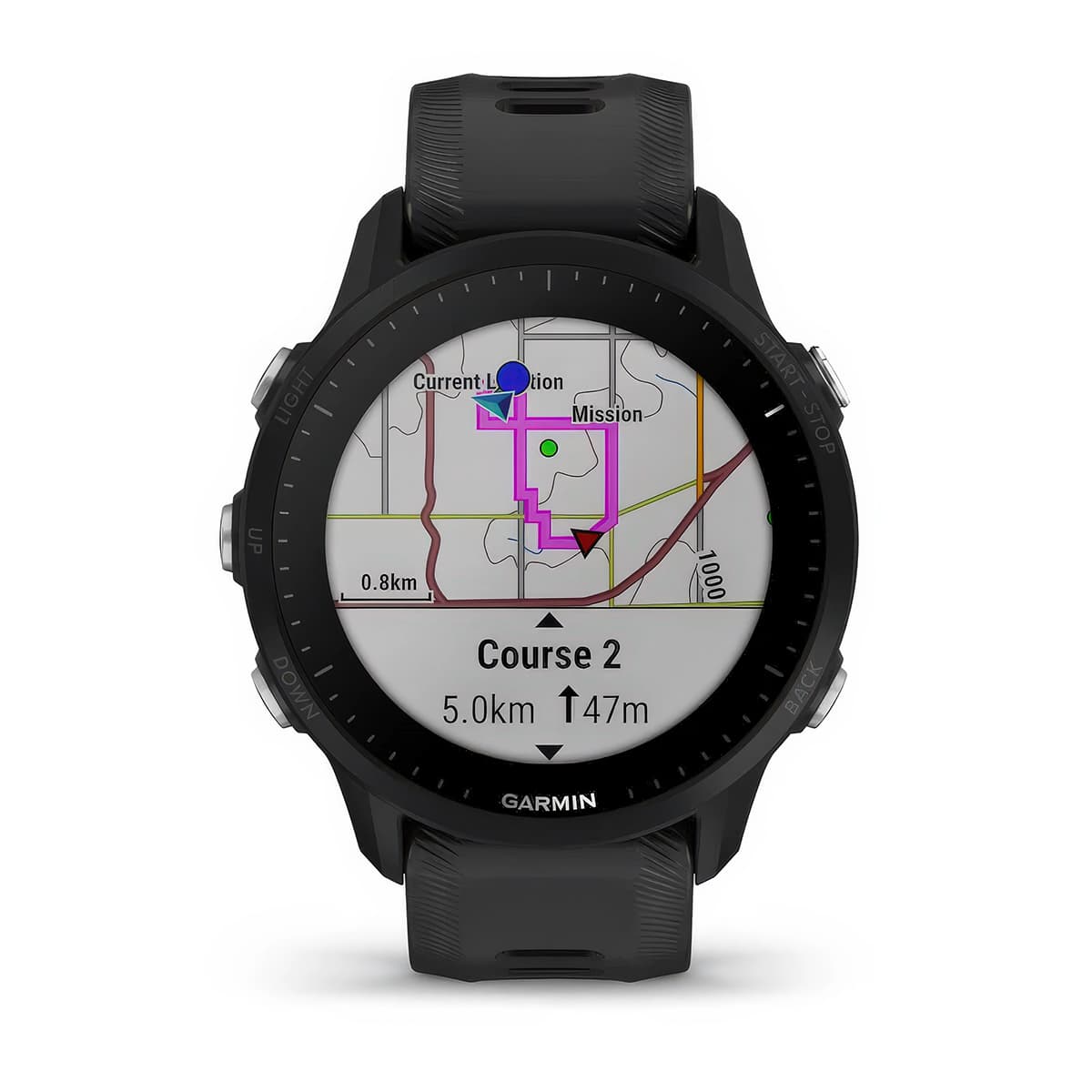 Front product shot of the Garmin Forerunner 955 showing Turn-by-Turn Navigation feature in Black