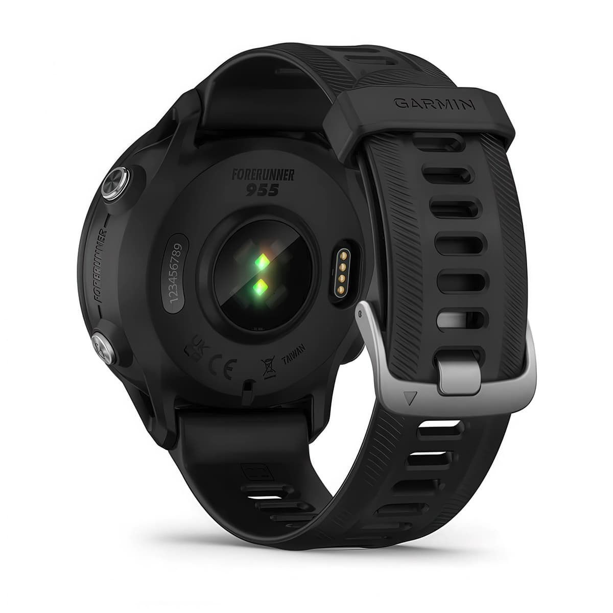 Rear product shot of the Garmin Forerunner 955 showing back sensor in Black