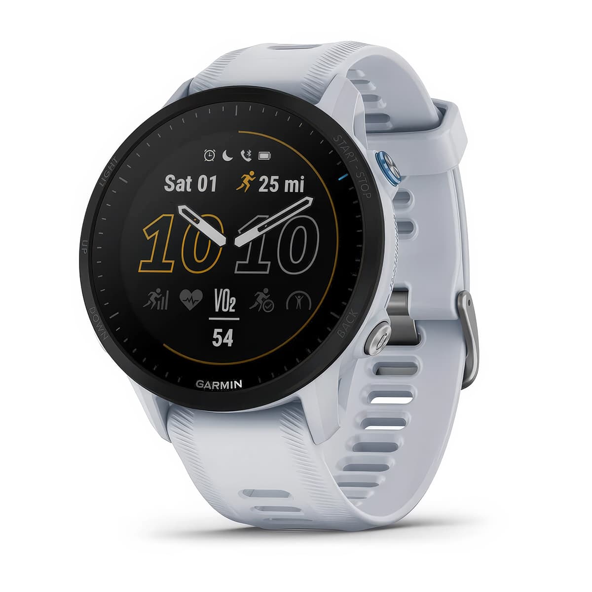 Front-left product shot of the Garmin Forerunner 955 showing Glances feature in Whitestone