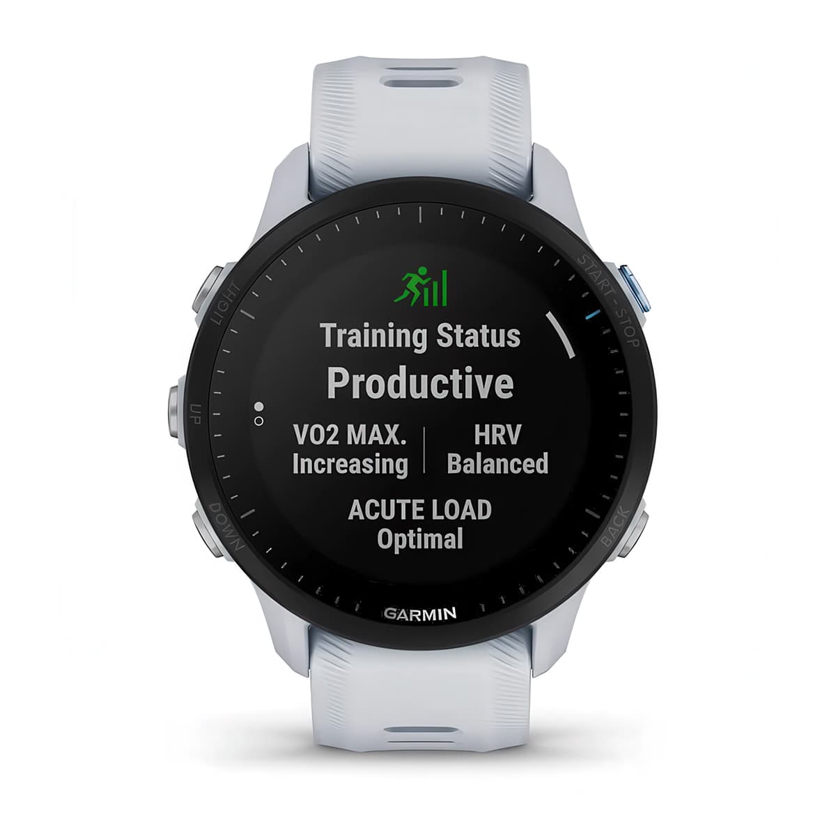 Front product shot of the Garmin Forerunner 955 showing Training Status feature in Whitestone