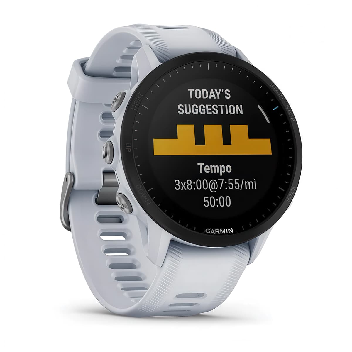 Front product shot of the Garmin Forerunner 955 showing Daily Suggested Workouts feature in Whitestone