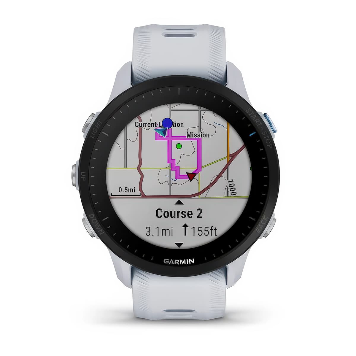 Front product shot of the Garmin Forerunner 955 showing Turn-by-Turn Navigation feature in Whitestone