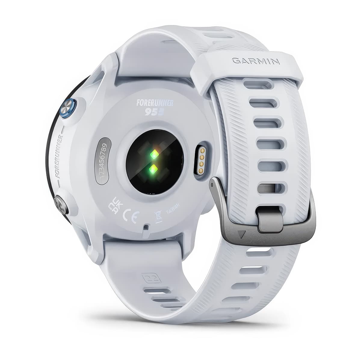 Rear product shot of the Garmin Forerunner 955 showing back sensor in Whitestone