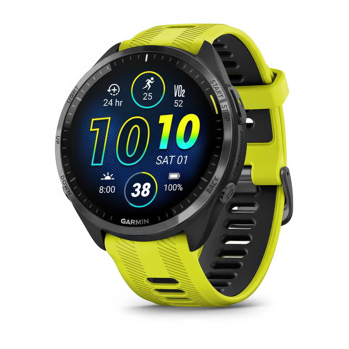 Front-left product shot of the Garmin Forerunner 965 showing Glances feature in Amp Yellow-Black