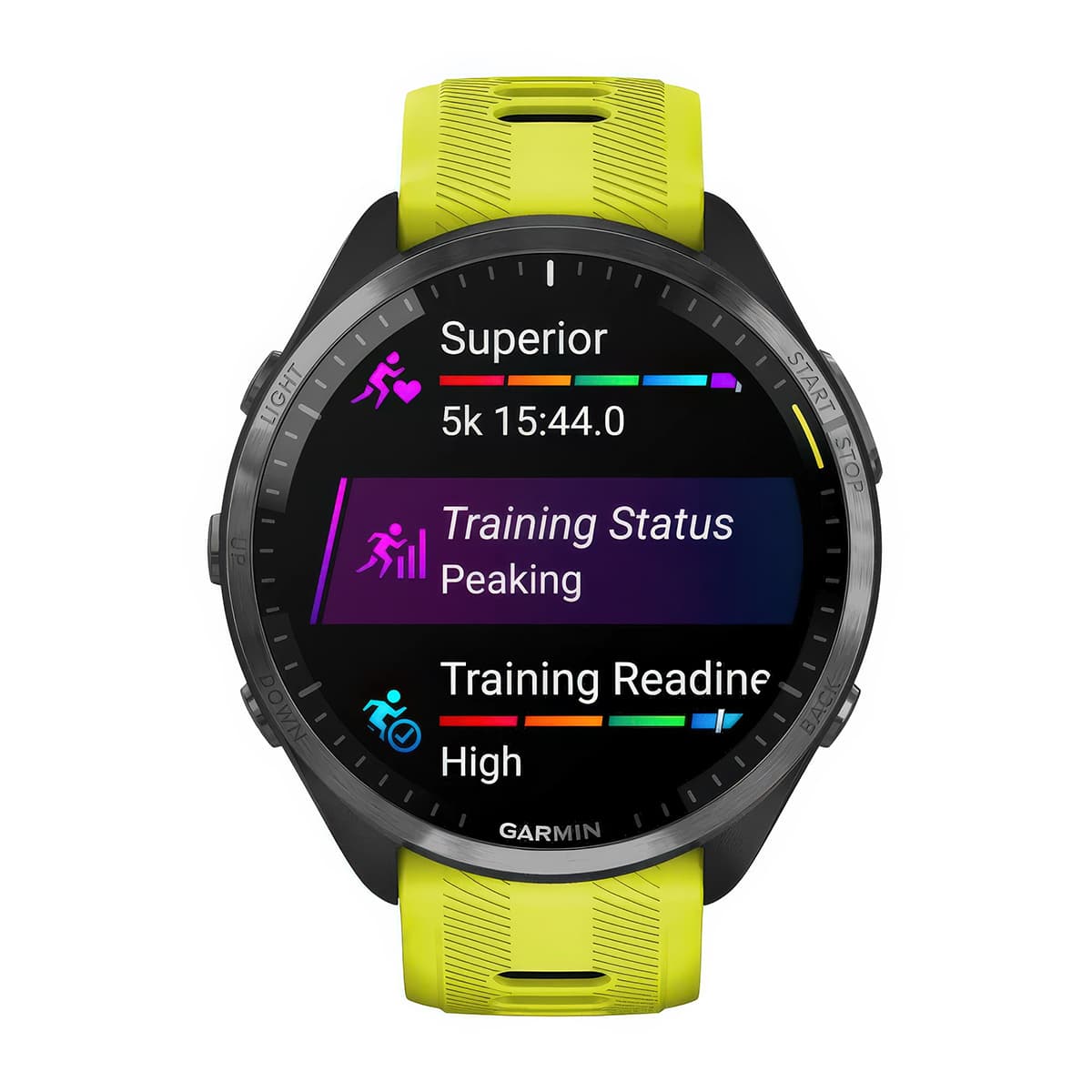 Front product shot of the Garmin Forerunner 965 showing Training Status feature in Amp Yellow-Black