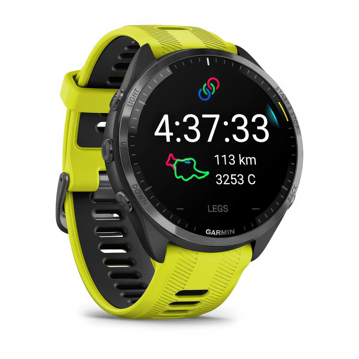 Front-right product shot of the Garmin Forerunner 965 showing Triathlon and Multisport Profiles feature in Amp Yellow-Black