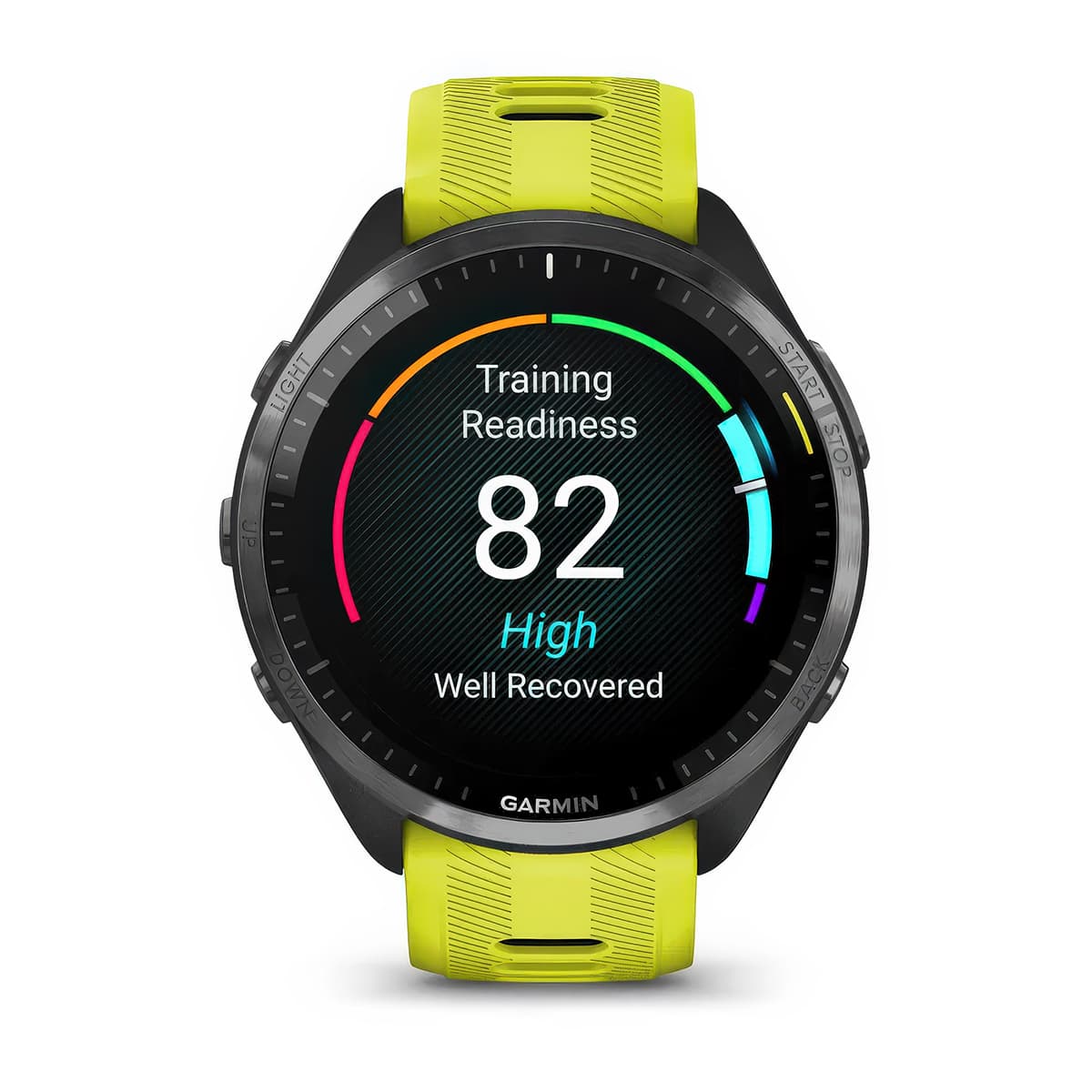 Front product shot of the Garmin Forerunner 965 showing Training Readiness feature in Amp Yellow-Black