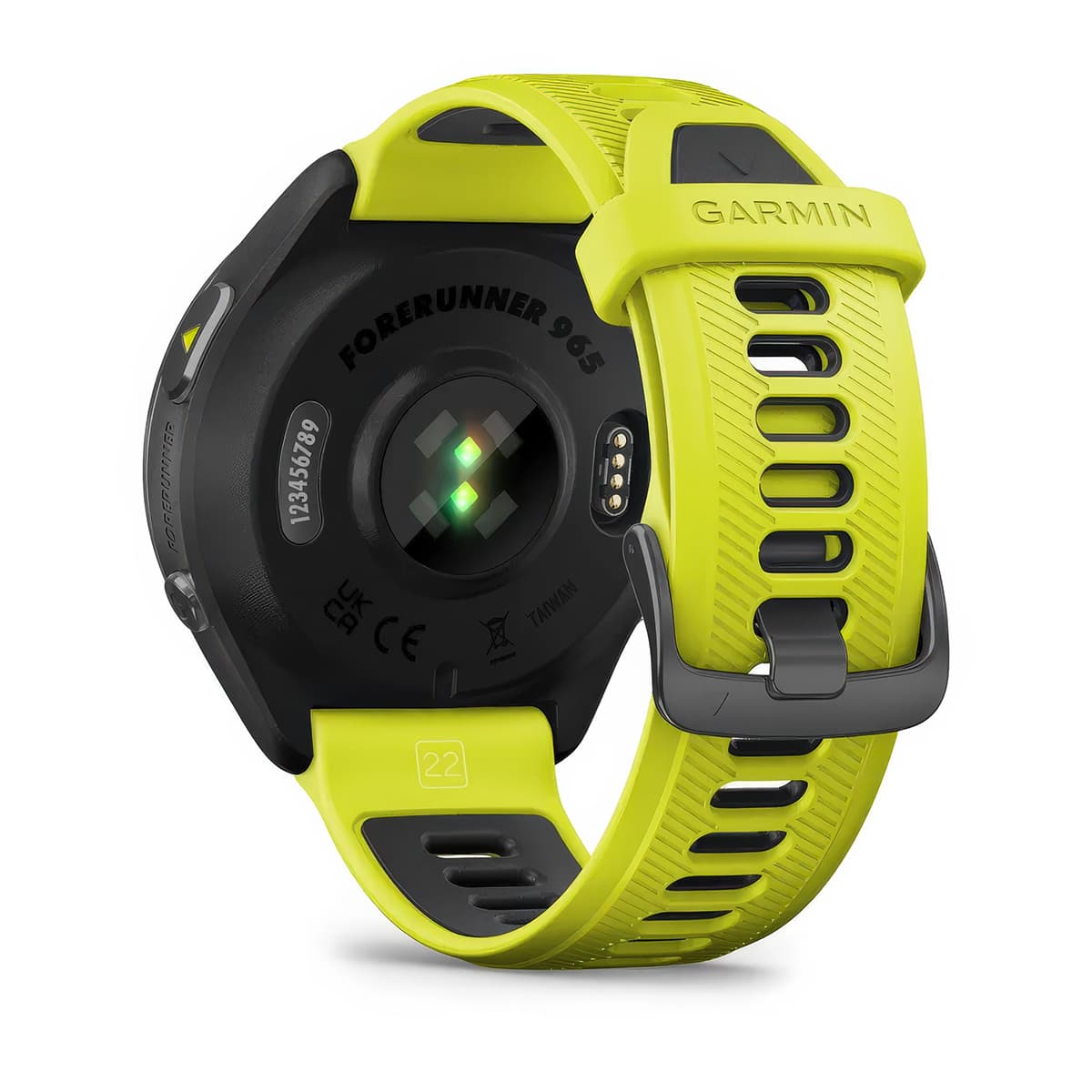 Rear product shot of the Garmin Forerunner 965 showing back sensor in Amp Yellow-Black