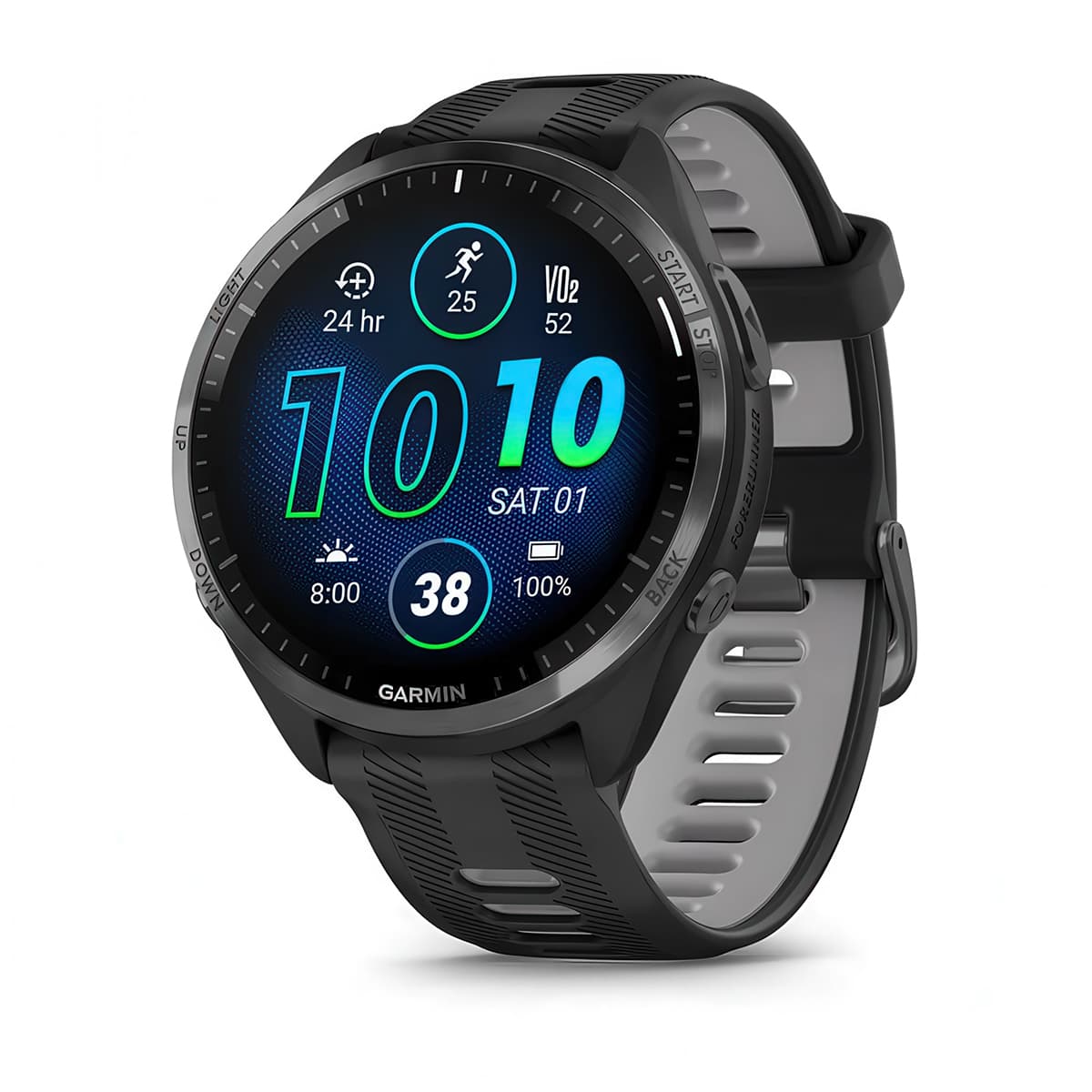 Front-left product shot of the Garmin Forerunner 965 showing Glances feature in Black-Powder Grey