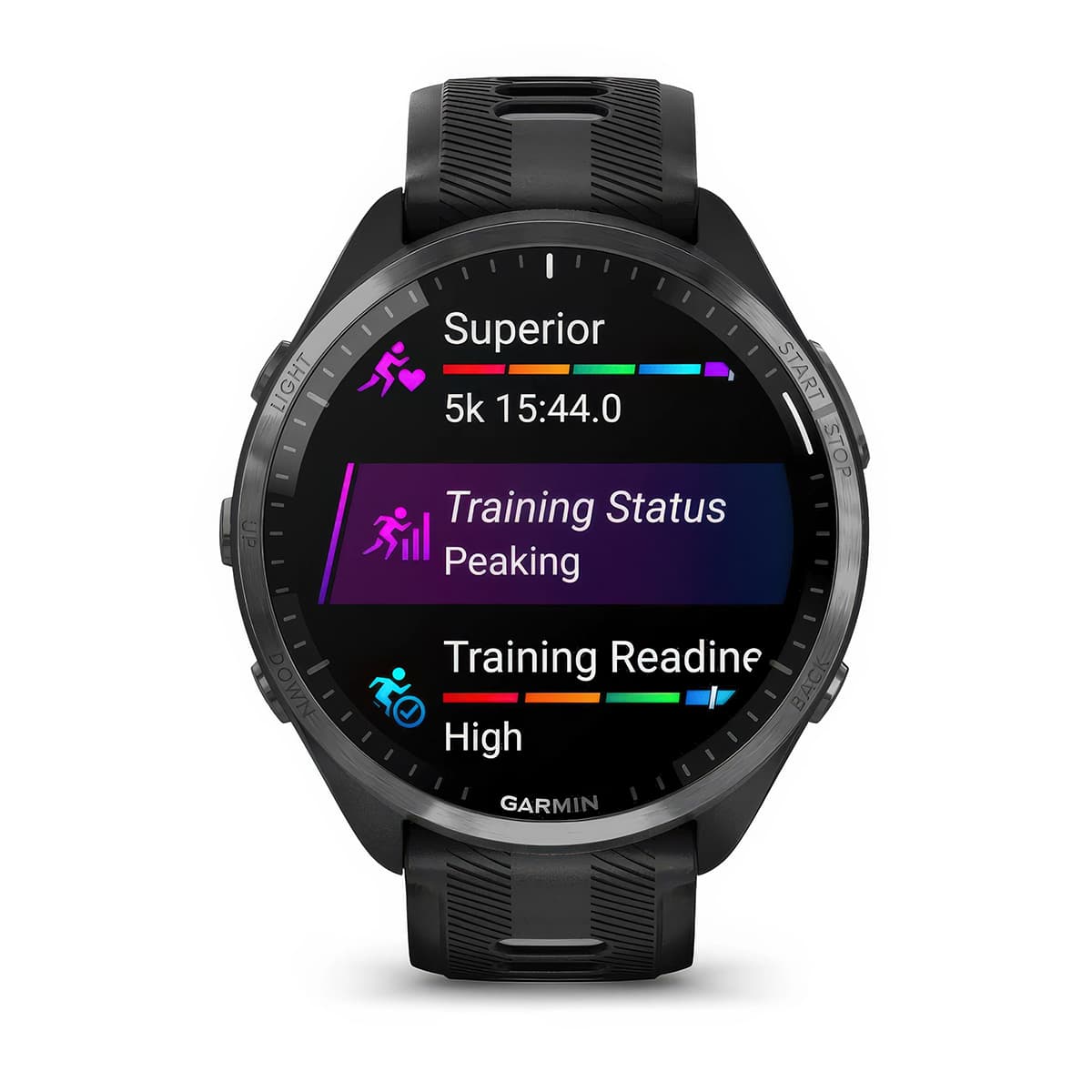 Front product shot of the Garmin Forerunner 965 showing Training Status feature in Black-Powder Grey