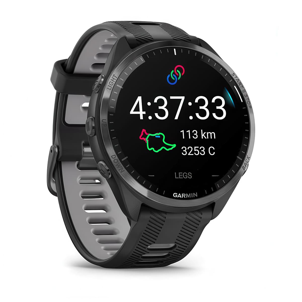 Front-right product shot of the Garmin Forerunner 965 showing Triathlon and Multisport Profiles feature in Black-Powder Grey